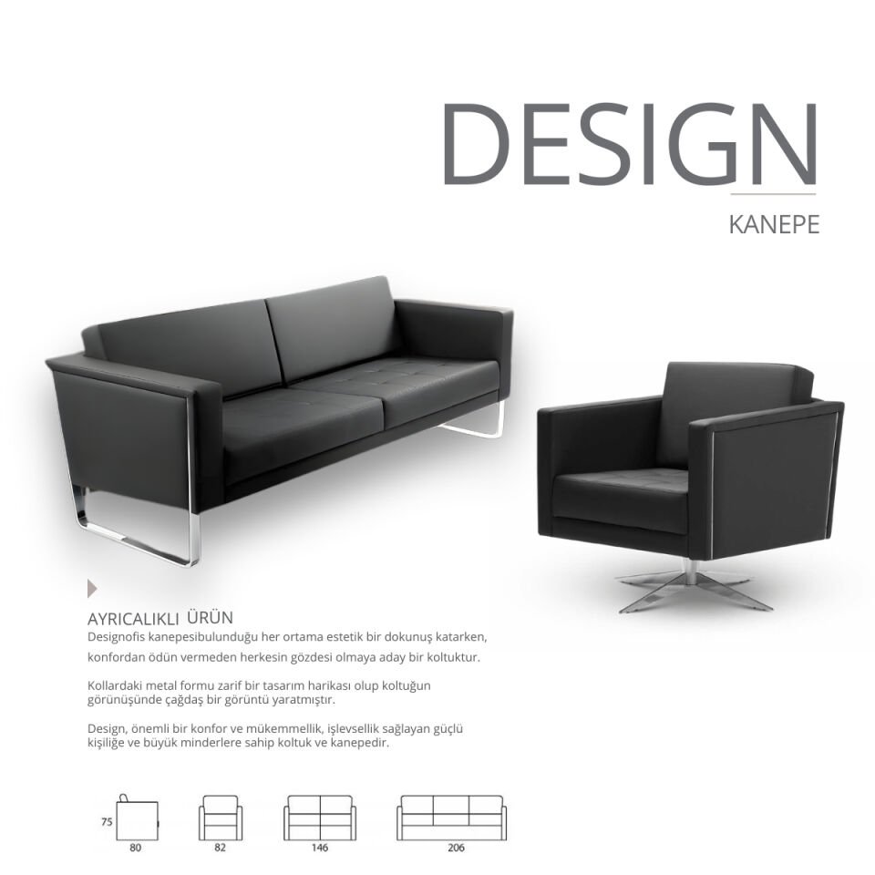 Design Siyah Deri Krom Ayaklı Ofis Kanepesi