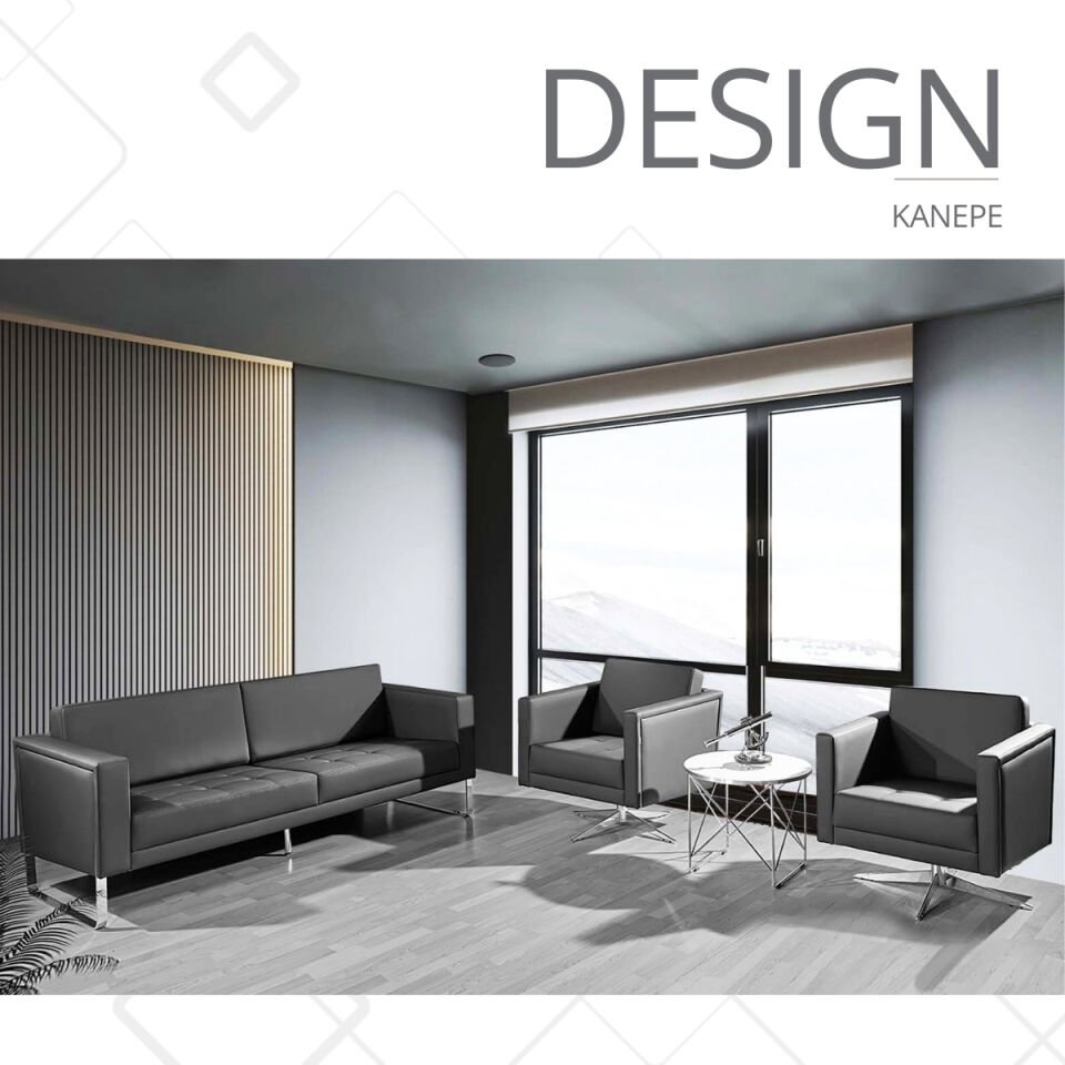 Design Siyah Deri Krom Ayaklı Ofis Kanepesi