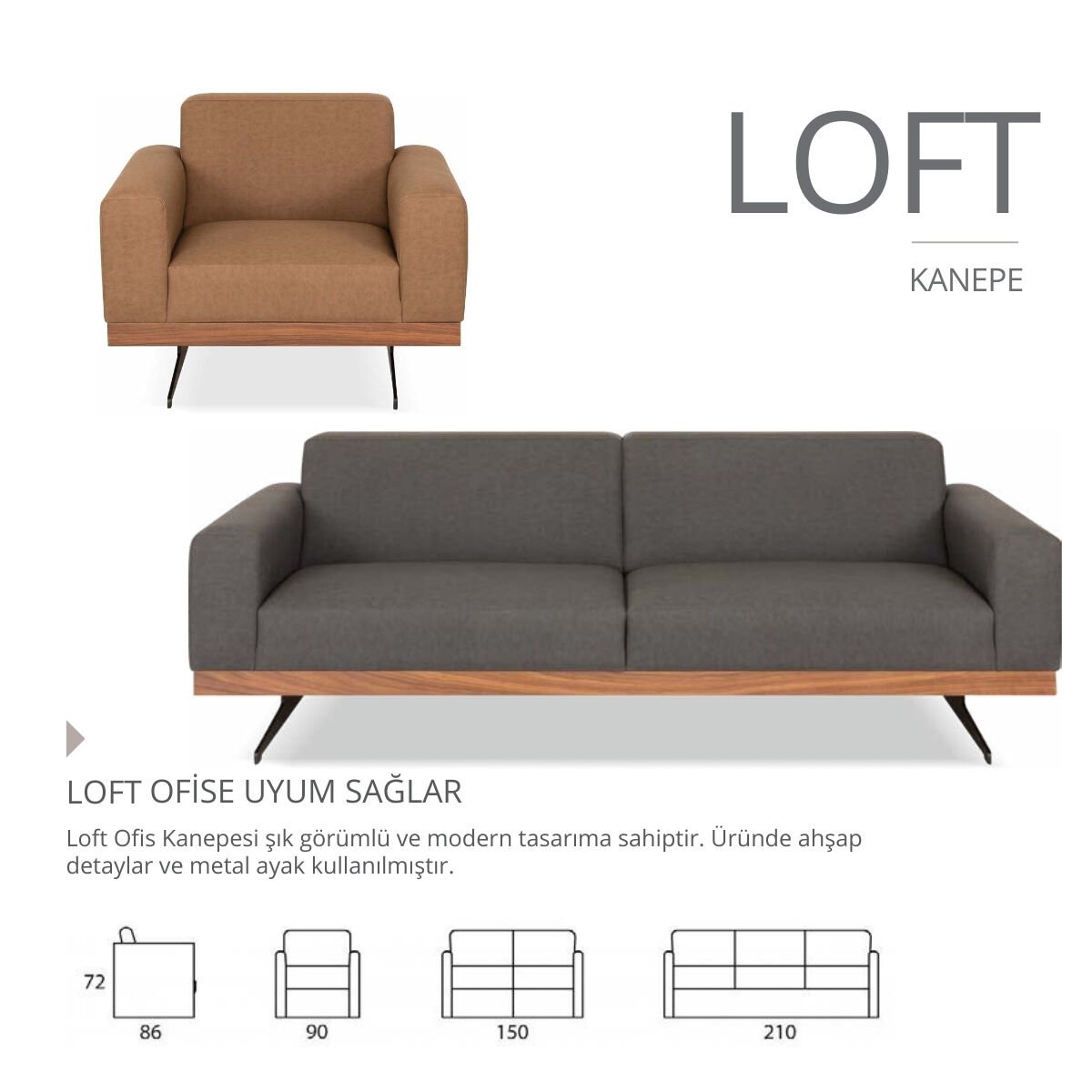 Loft Ahşap Detaylı Metal Ayaklı Ofis Kanepesi