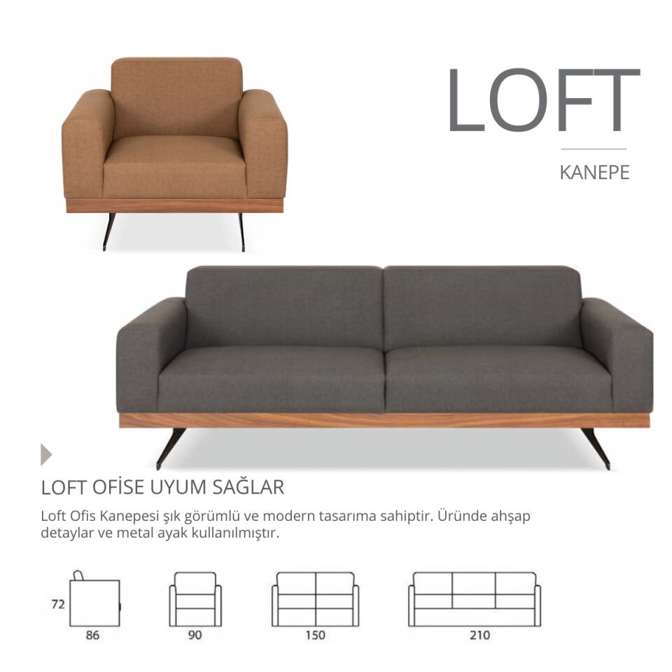 Loft Ahşap Detaylı Metal Ayaklı Ofis Kanepesi