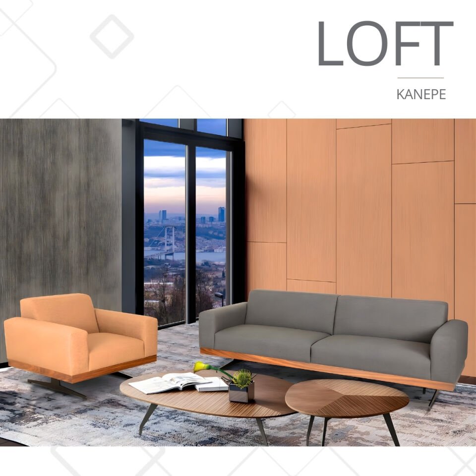 Loft Ahşap Detaylı Metal Ayaklı Ofis Kanepesi